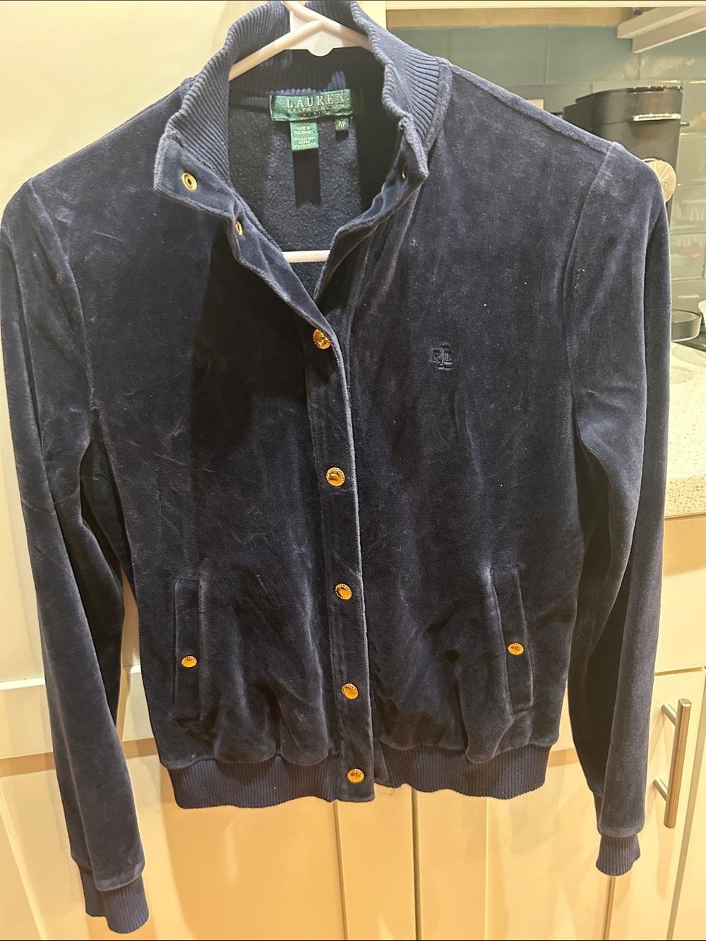 Lauren Ralph Lauren Navy Velour Snap-Front Bomber Jacket with Gold-Tone Buttons